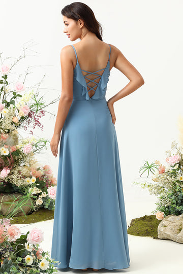 A Line Spaghetti Straps Gråblå Lang brudepigekjole med Criss Cross Back